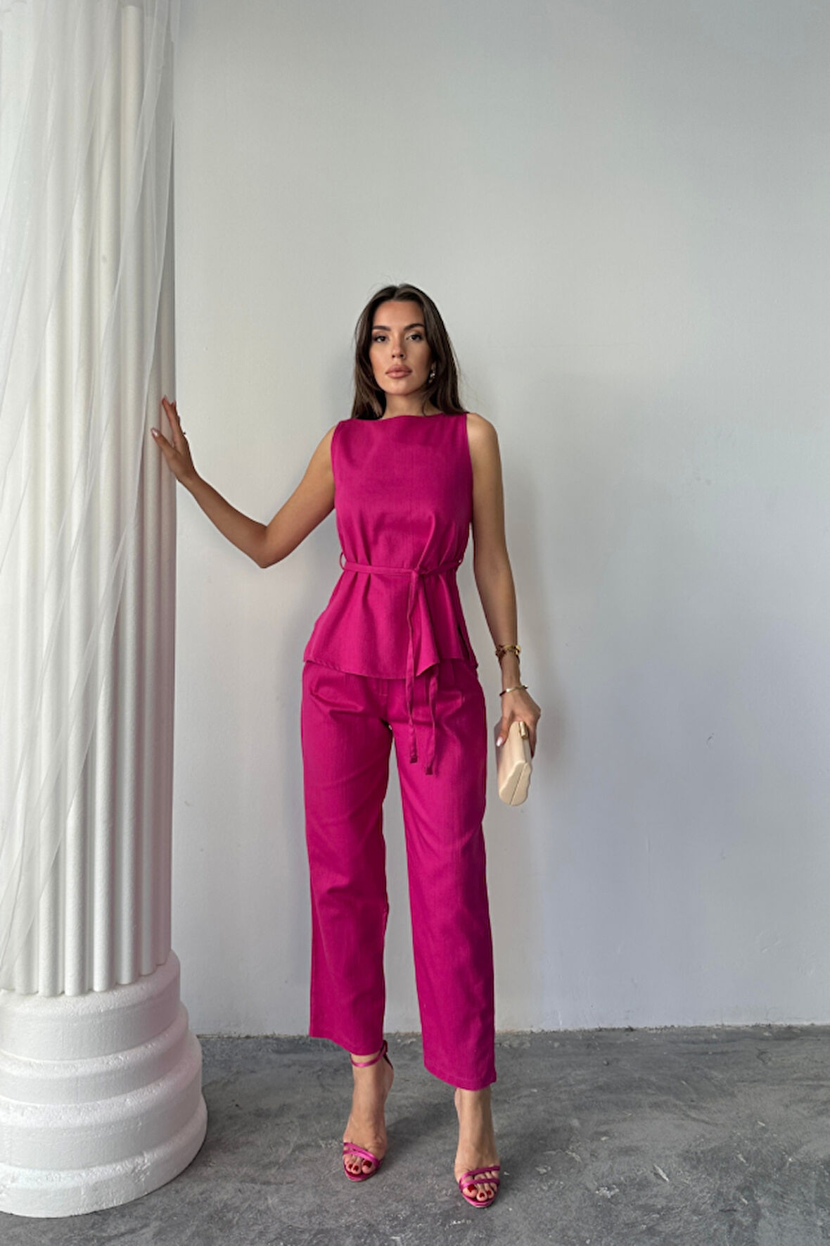 KETEN BLUZ - PANTOLON TAKIM MASSİMO MODELSCREAT KUMAŞ - Fuşya