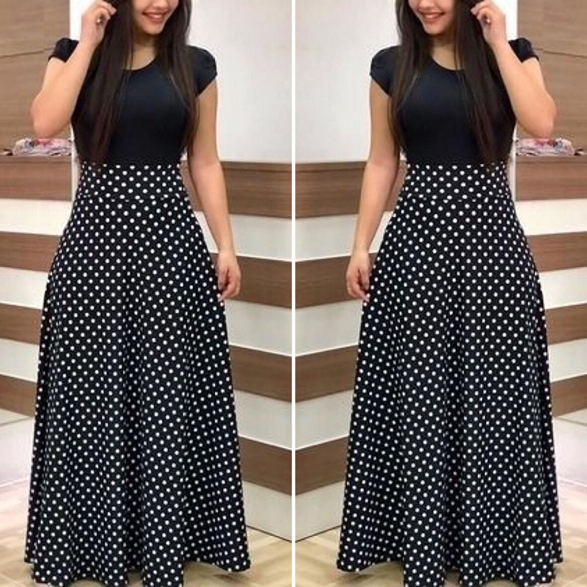 Kadın Kısa Kollu Puan Desen Tam Boy Krep Elbise