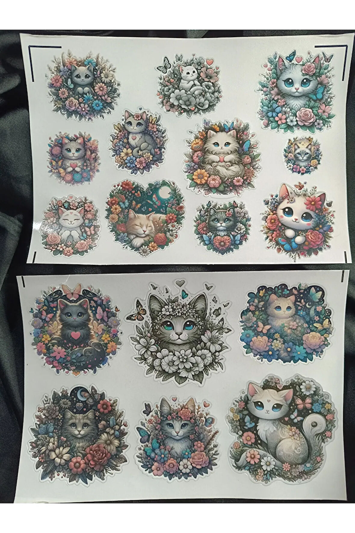 Çiçekler İçerisinde Sevimli Kediler Vintage Etiket Seti, Bullet Journal, Planlayıcı Stickers