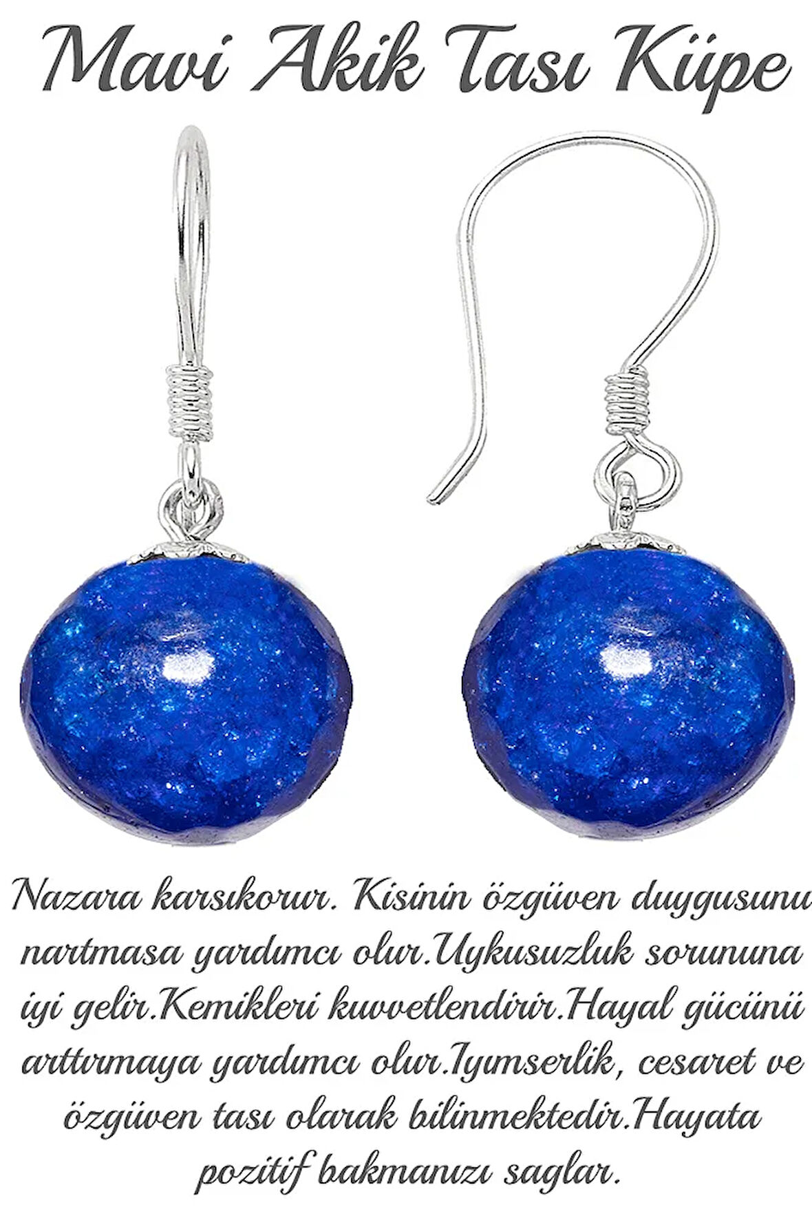 Sertifikalı Gümüş Alaşımlı Mavi Akik Taşı Küpe