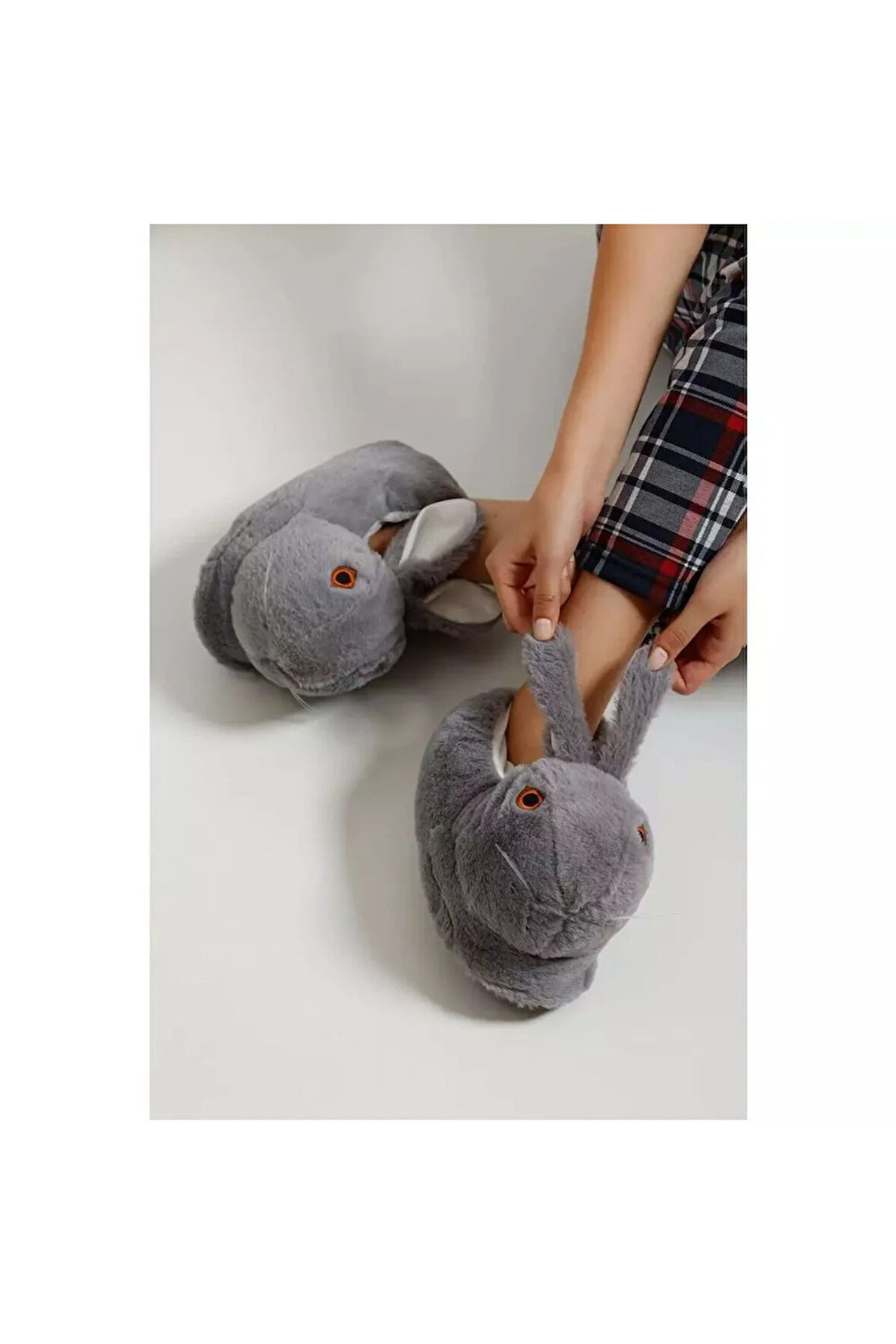 Tavşan Figürlü Beyaz Peluş Panduf Ev Pandufu Unisex GRİ / 36-38