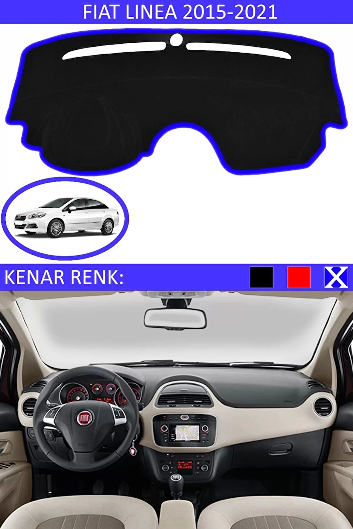 Torpido Koruma Halısı Siyah Kenar Renk Mavi Fiat Linea 2015-2020 ile Uyumlu