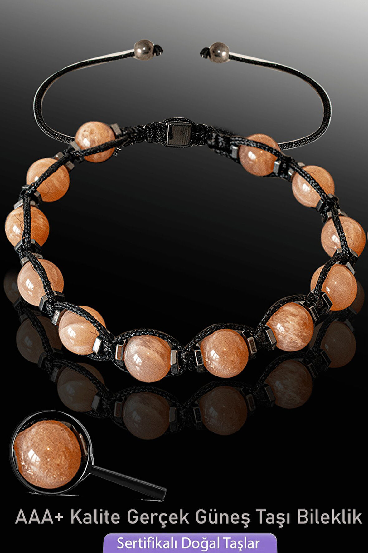 Sertifikalı Makrome Hematitli Gerçek Güneş Taşı Bileklik - Ayarlamalı