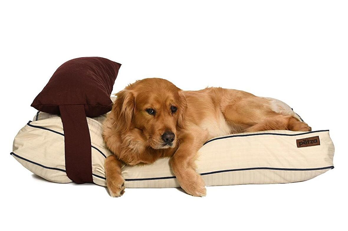 Petza Gabel L Üstü Açık - Yastıklı Çift Taraflı - Fermuarlı Bej - Kahverengi Büyük - Orta Irk Köpek Yatağı
