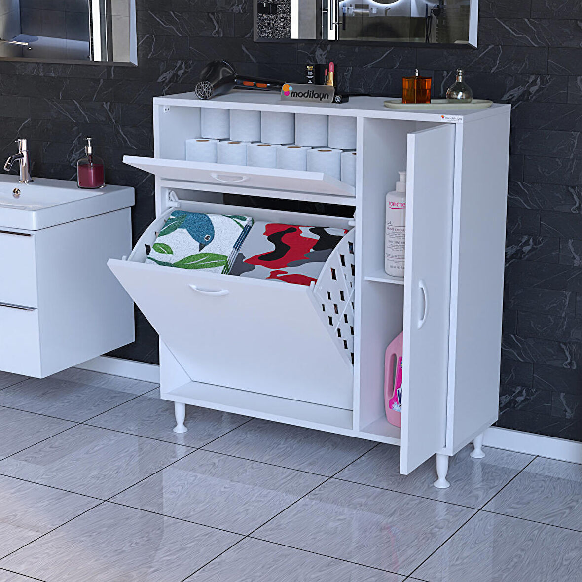 Modilayn Yenice 90 x 97,5 x 31,8 cm Kirli Çamaşır Dolabı Sepetli Banyo Dolabı