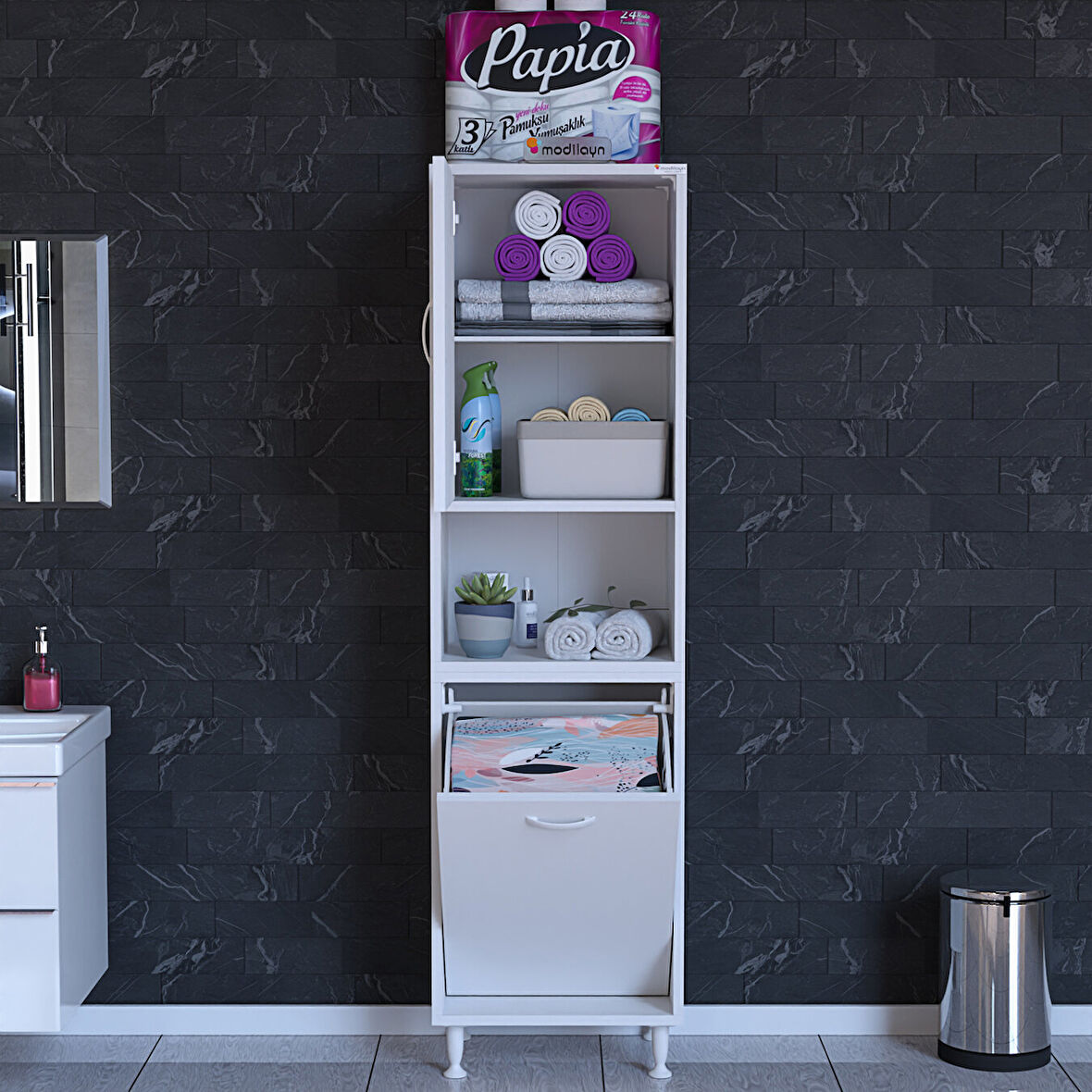 Modilayn 50 x 163,4 x 32,5 cm Çok Amaçlı 2 Kapaklı 3 Bölmeli Banyo Dolabı Mutfak Dolabı