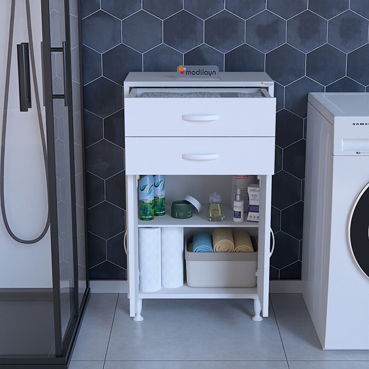 MODİLAYN 54 x 95,1 x 32 cm 2 Kapaklı 2 Çekmeceli 2 Bölmeli Çok Amaçlı Dolap Banyo Dolabı Ofis Dolabı
