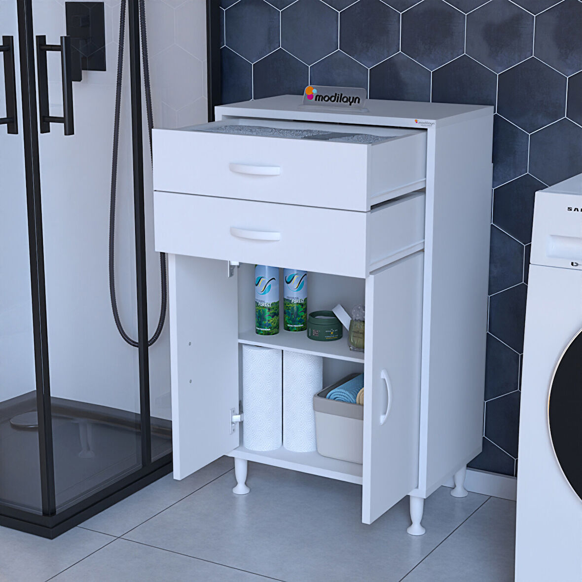 TRENDLİNE 54 x 95,1 x 32,5 cm 2 Kapaklı 2 Çekmeceli 2 Bölmeli Çok Amaçlı Dolap Banyo Dolabı