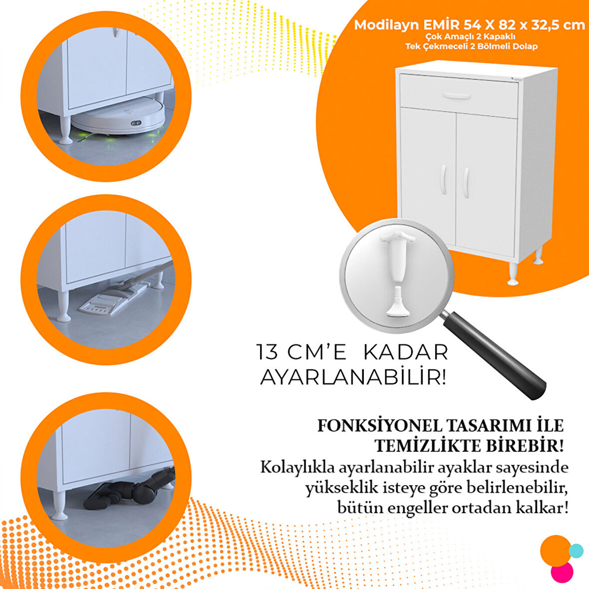 Modilayn 54 x 80 x 32.5 cm 2 Kapaklı Tek Çekmeceli Mutfak Dolabı Çok Amaçlı Banyo Dolabı