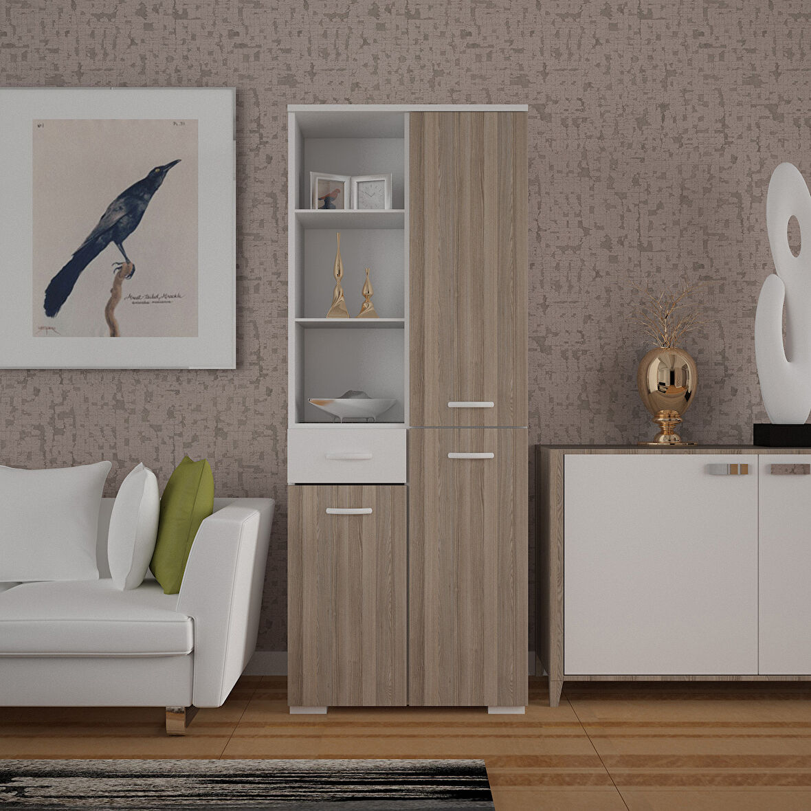 Modilayn 3 Kapaklı Tek Çekmeceli Raflı Banyo Dolabı Çok Amaçlı Dolap