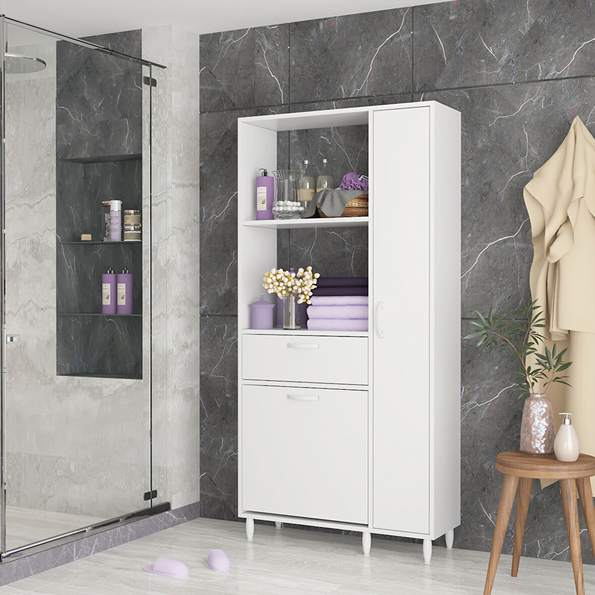 Modilayn Sepetli ve Kapaklı Dolaplı Banyo Dolabı