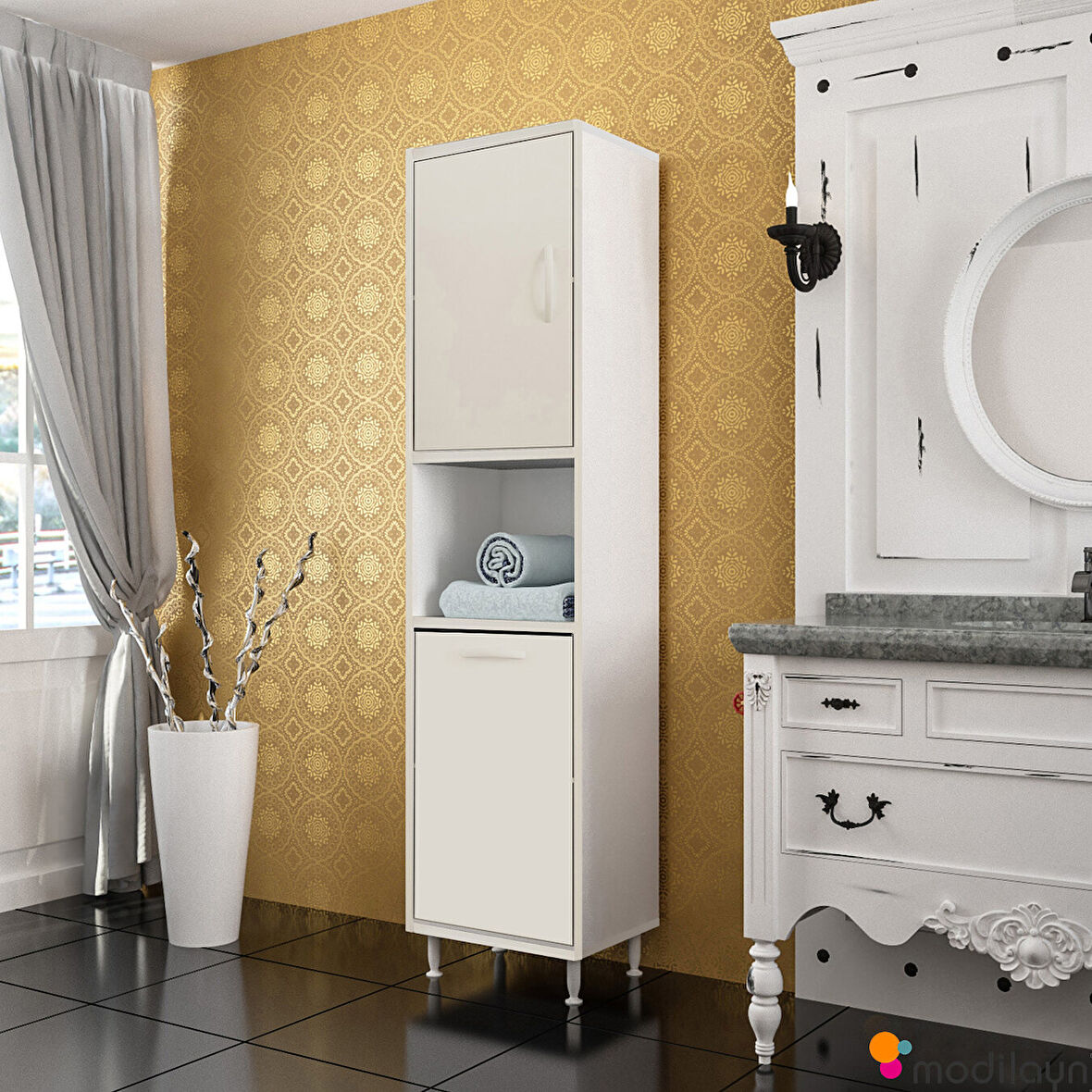 Modilayn Mutfak Dolabı Tek Kapaklı Raflı Kirli Camasır Dolabı Banyo Dolabi Çok Amaçlı Dolap