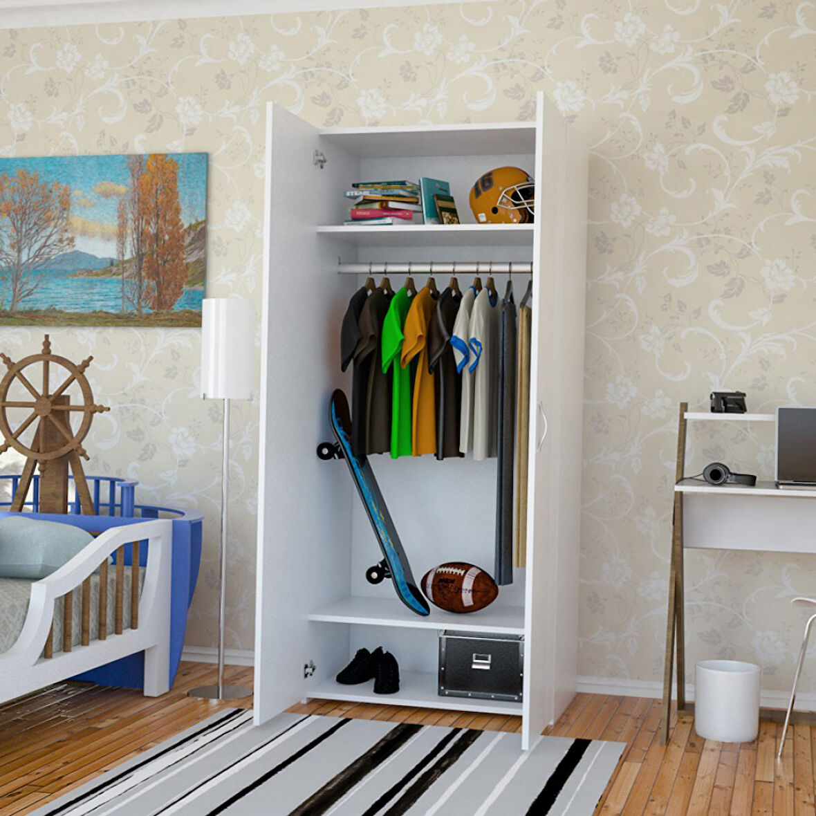 Modilayn Ofis Dolabı  Banyo Dolabı Gardırop 2 Kapaklı Gardolap Yatak Odası Dolabı Raflı Askılıklı