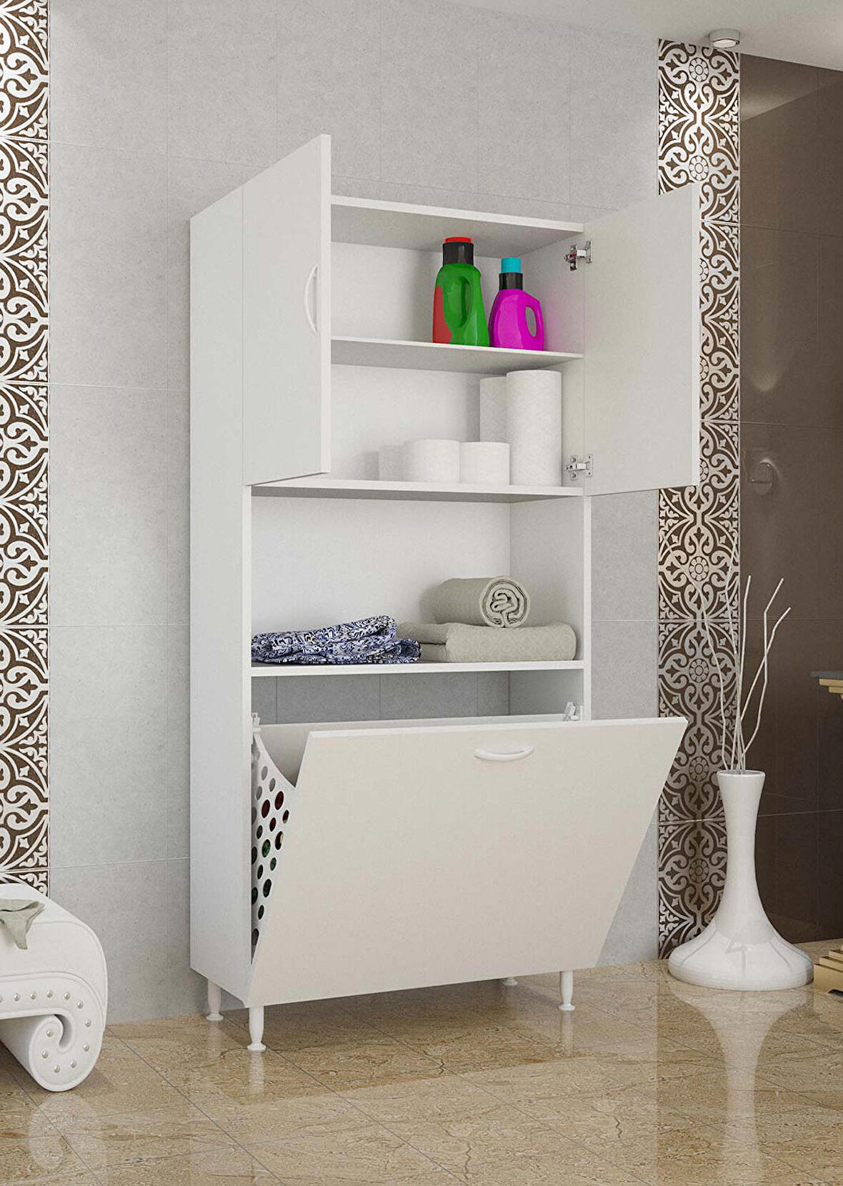 KİRLİ ÇAMAŞIR DOLABI KİRLİ ÇAMAŞIR SEPETLİ BANYO DOLABI MUTFAK DOLABI RAFLI KAPAKLI RAFLI