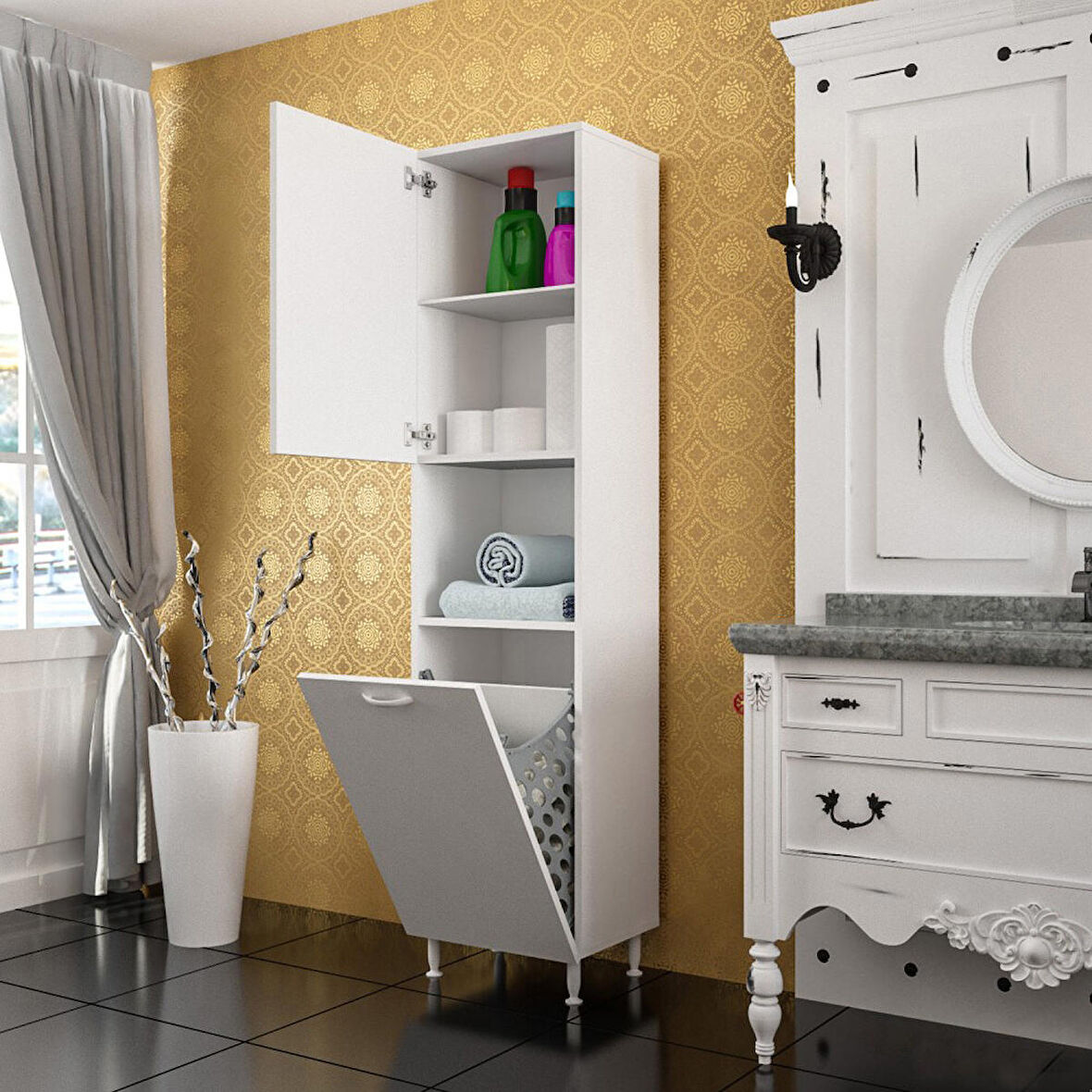 Modilayn Ard-111 Kirli Çamaşır Dolabı Düşer Kapaklı Kirli Sepetli Banyo Dolabı