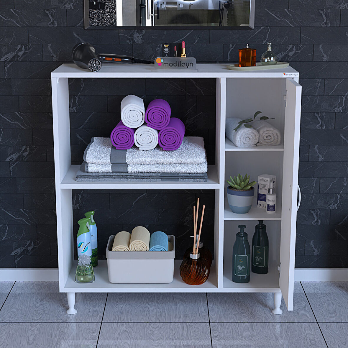 MODİLAYN Urla 90 x 97 x 32 cm Banyo Dolabı Temizlik Deterjan Depolama Havlu Dolabı Çok Amaçlı Dolap