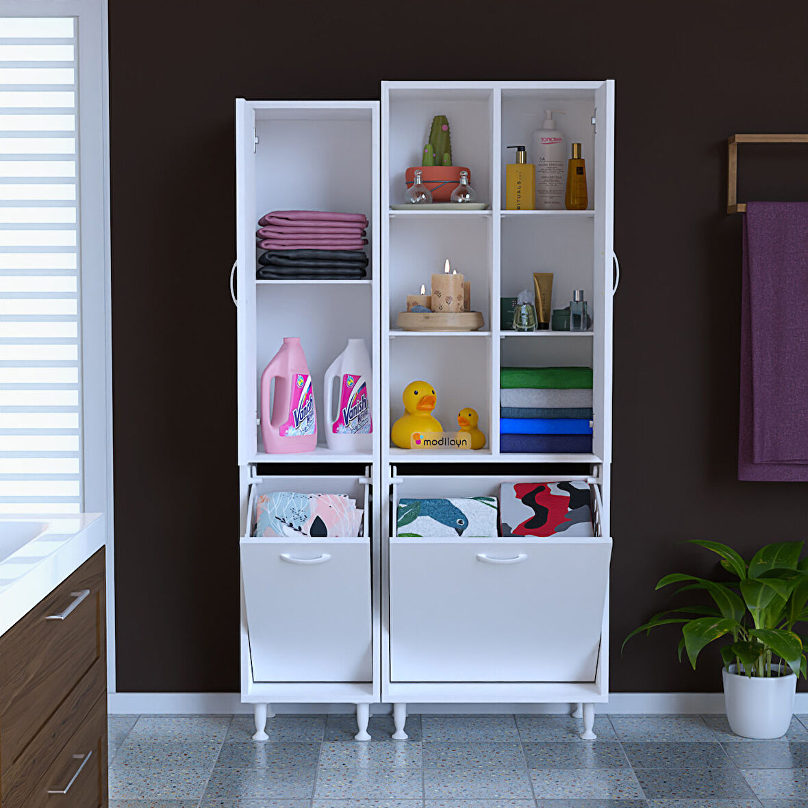 Modilayn ALAÇATI İNCİ 92x165x32 3 Kapaklı 5 Raflı  Çok Amaçlı Banyo Dolabı Kirli Çamaşır Sepetli Dolap Mutfak Dolabı