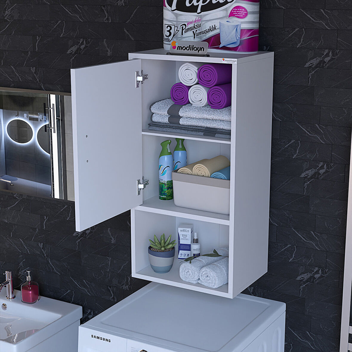 Modilayn 50 x 88.4 x 32.5 Asma Dolap Çok Amaçlı Banyo Dolabı Çamaşır Makina Üstü Asma Dolap