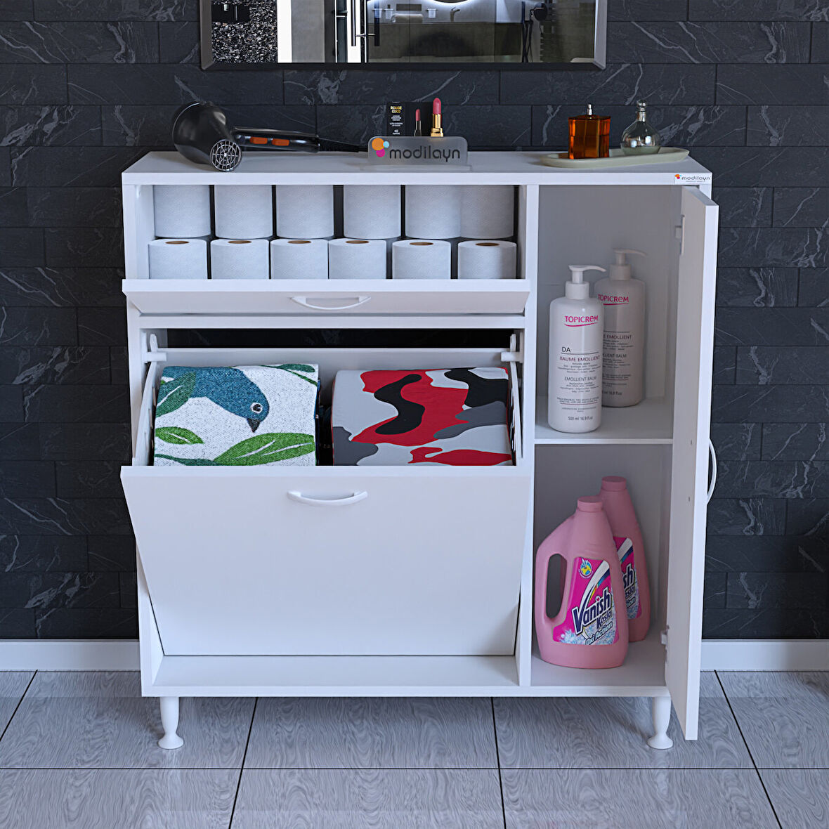 Modilayn 90 x 97 x 32 cm YENİCE Kirli Çamaşır Sepetli Dolap Çok Amaçlı Banyo Dolabı Mutfak Dolabı