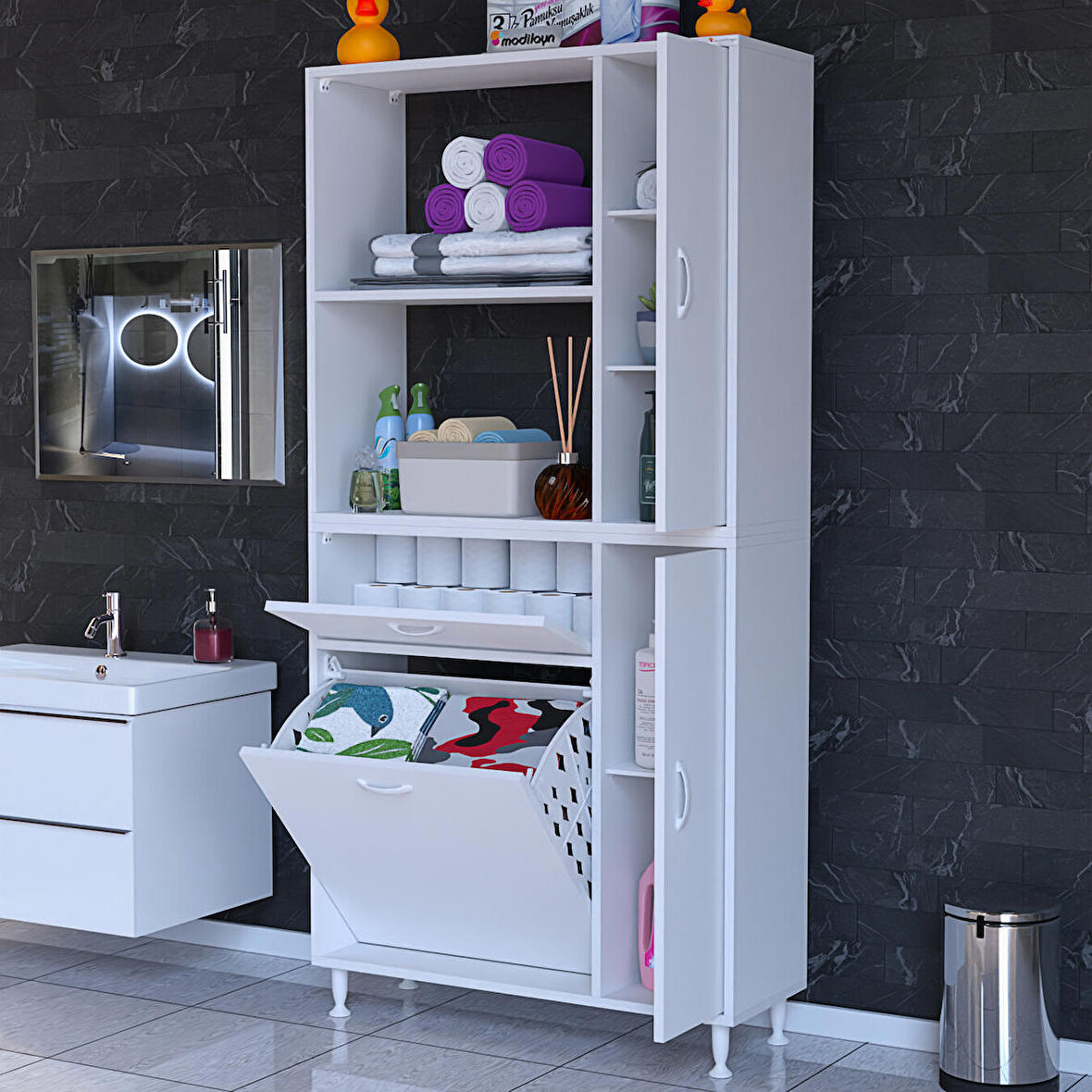 Modilayn Esinti Kirli Çamaşır Dolabı Banyo Dolabı Çok Amaçlı Dolap Sepetli Düzenleme Havlu Dolabı