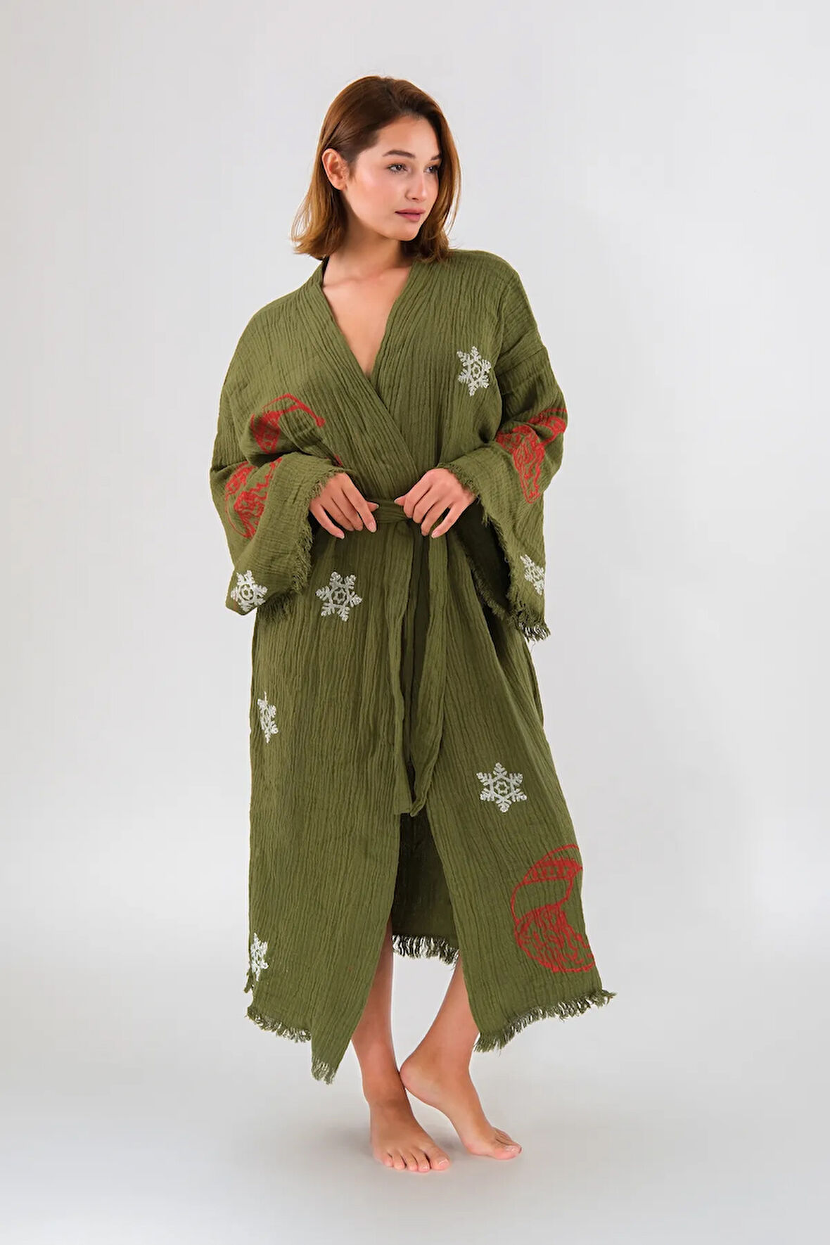 Christmas Müslin Kimono %100 Pamuklu Yılbaşı Baskılı Desenli Bornoz Kaftan Sabahlık