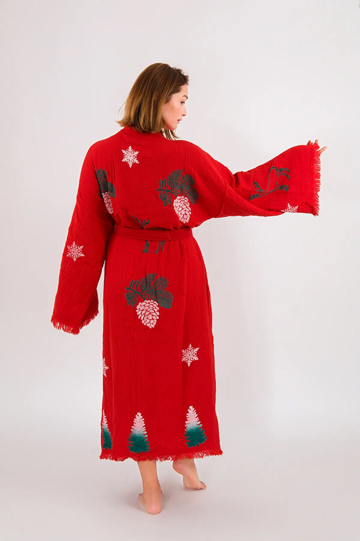 Christmas Müslin Kimono %100 Pamuklu Yılbaşı Baskılı Desenli Bornoz Kaftan Sabahlık