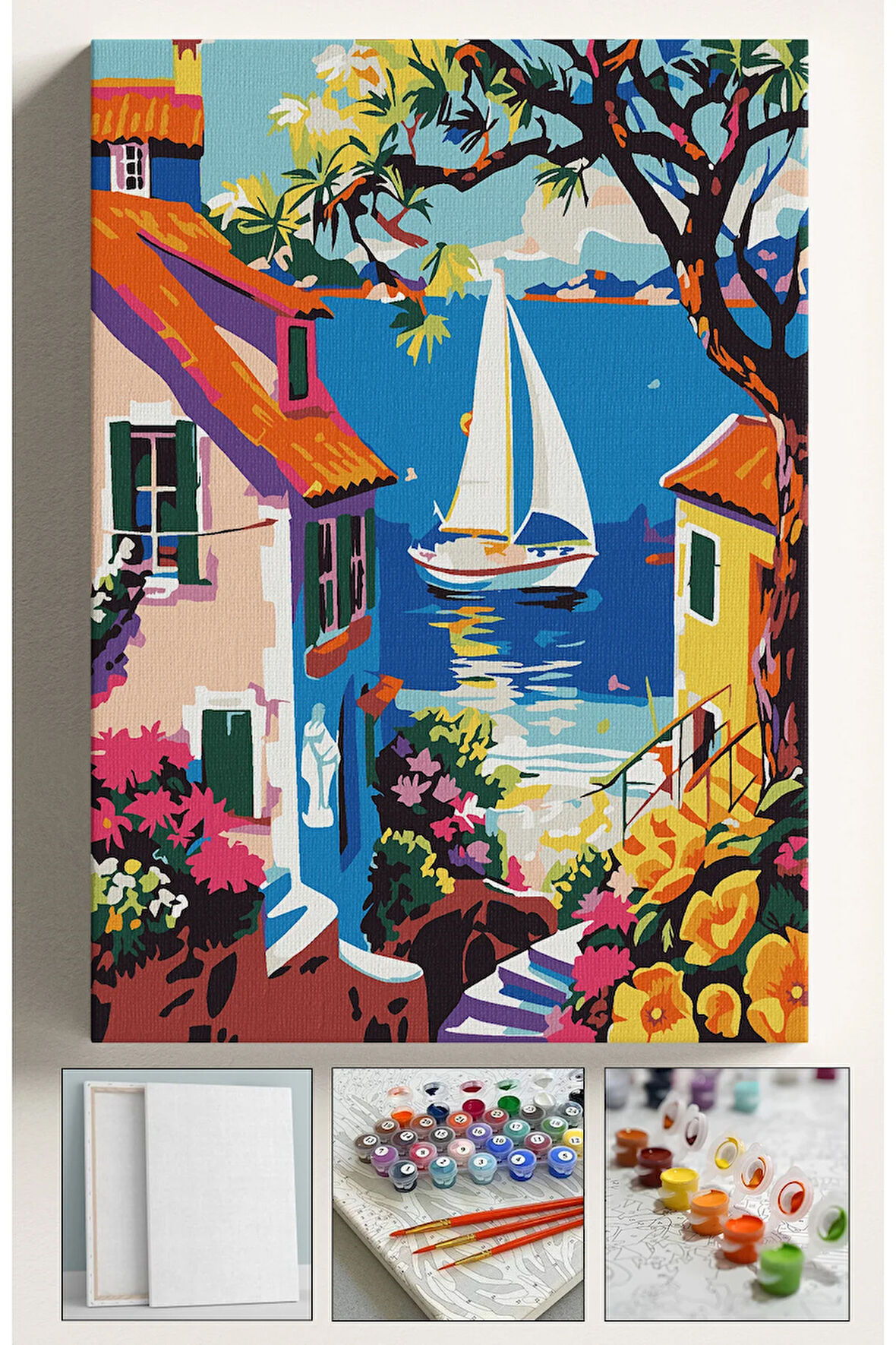 Sayılarla Boyama Seti Numaralı Tuval Fırça Boya 40x50 Cm Evler Arası Manzara