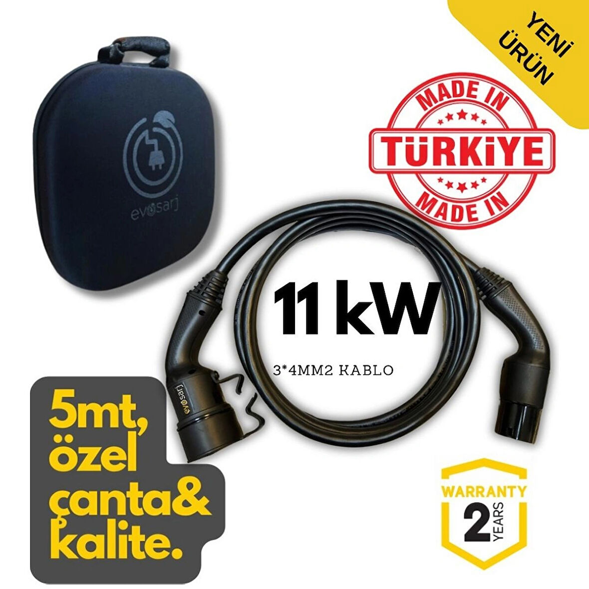 Evoşarj Elektrikli Araç Şarj Kablosu 11KW, 20A, 5mt, Tip2