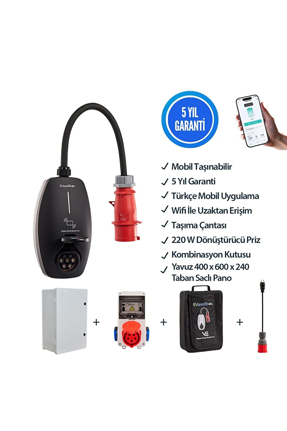 22KW V3 Türkçe Mobil Uygulama 5 Yıl Garanti, (400x600x240mm) Pano, Tekli Pano,Çanta ve 220V Adaptör
