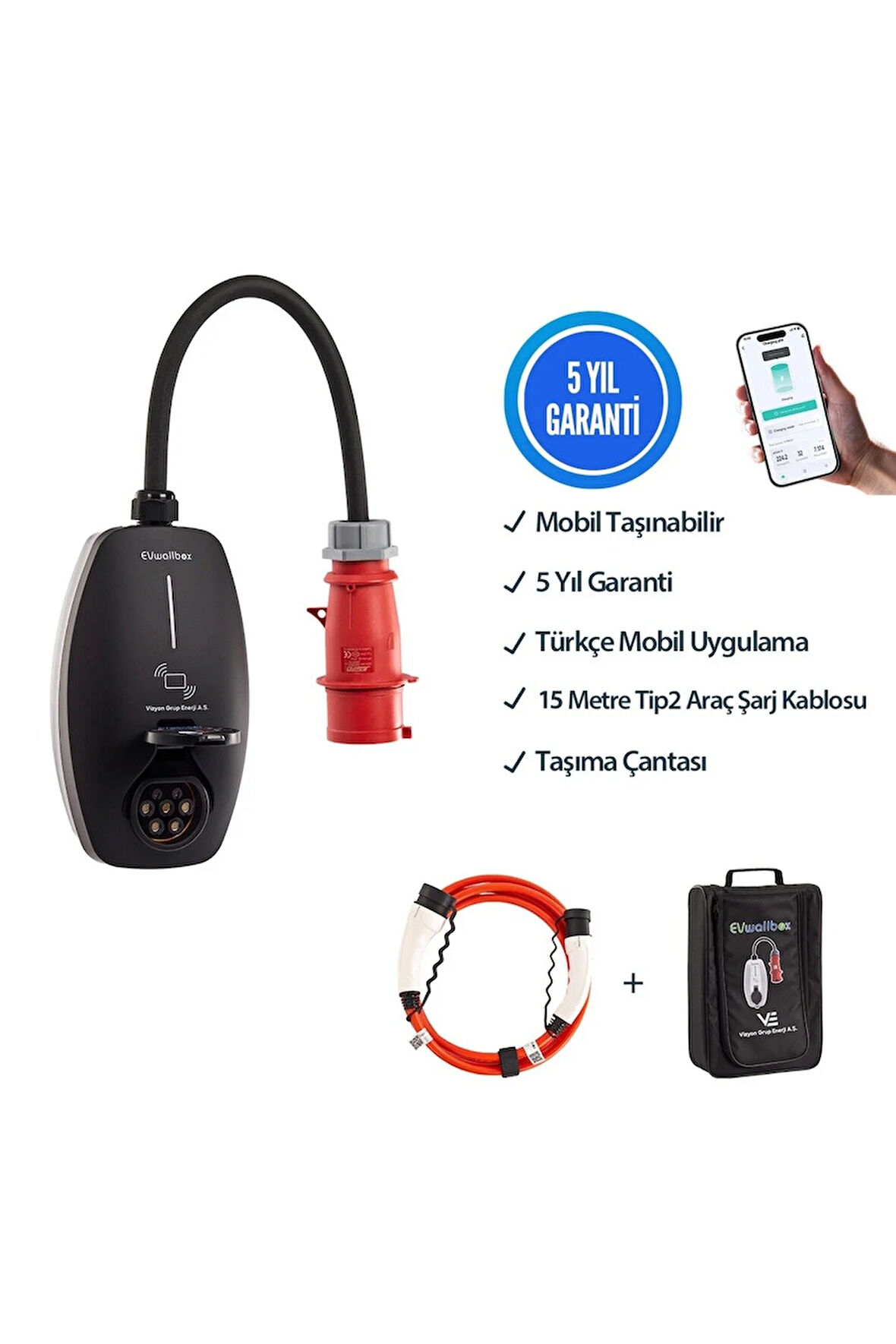 22KW V3 Türkçe Mobil Uygulama 5 Yıl Garanti, 15 Metre Tip2 Araç Şarj Kablosu