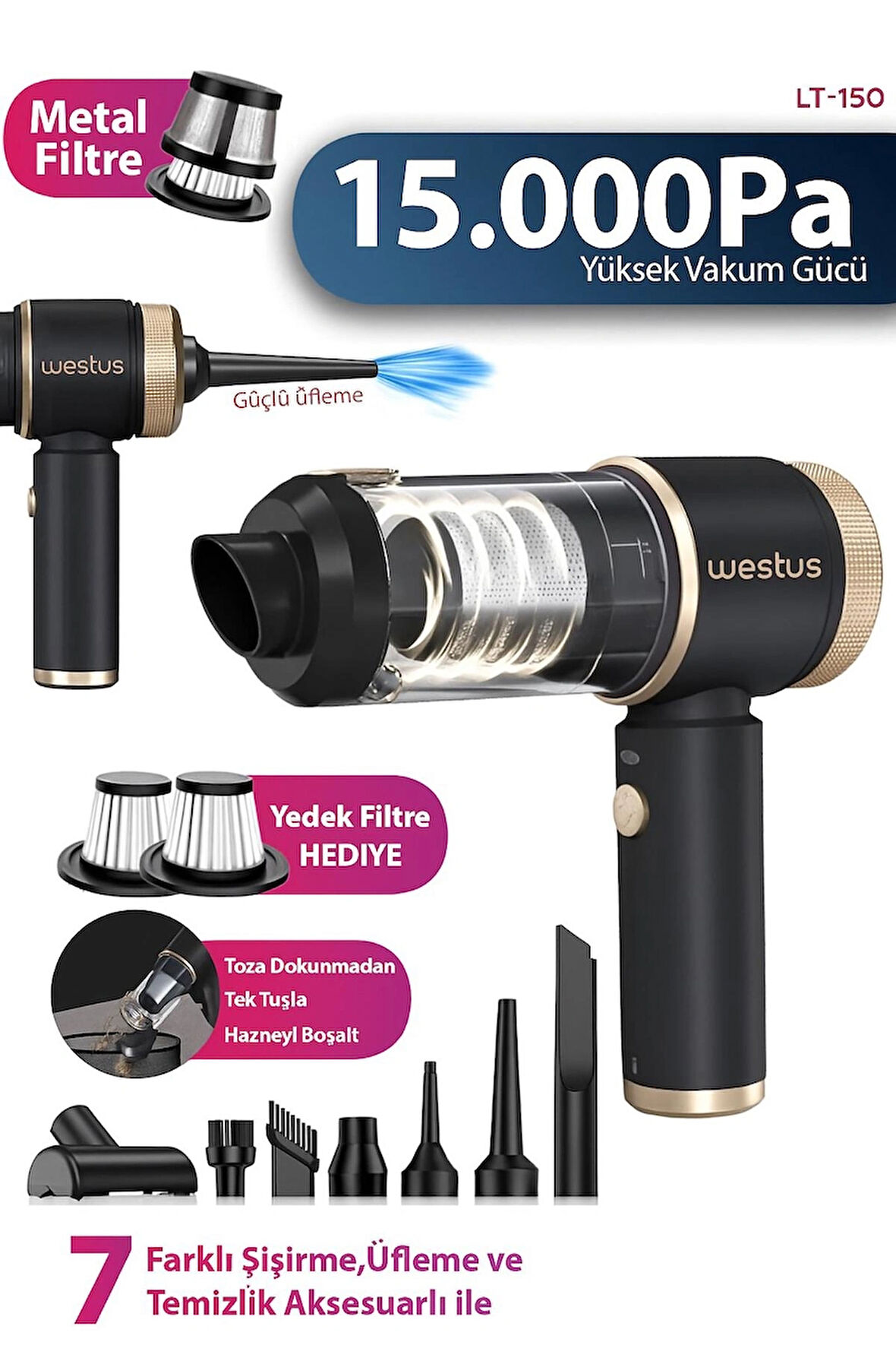 Westus 15000Pa Güçlü Vakumlu Kablosuz Islak Kuru-Üflemeli Led Işıklı Araç Süpürgesi - El Süpürgesi - Yeni 2025