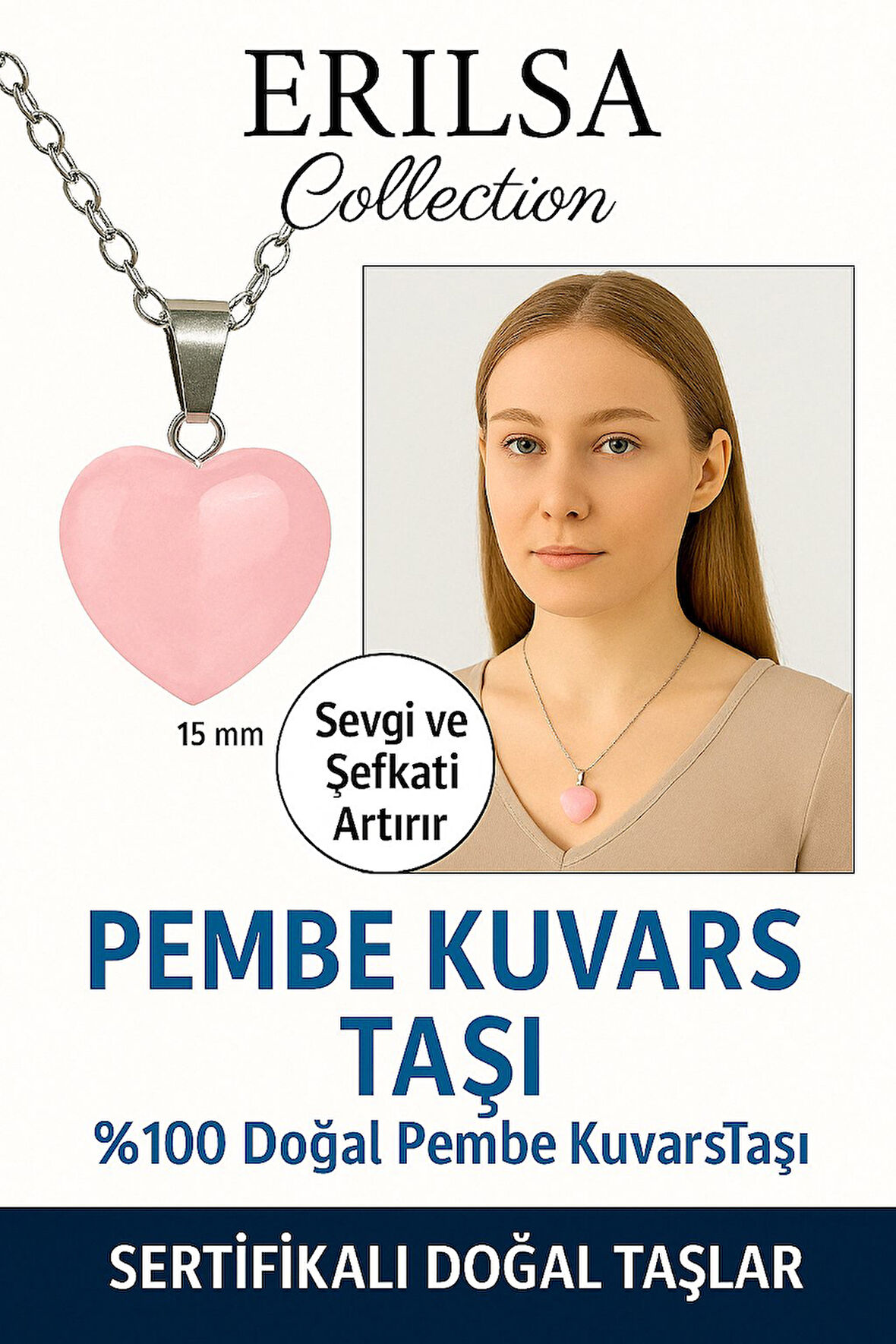 Sertifikalı Kalp Model Mini Pembe Kuvars Taşı Kolye – Sevgi, Şefkat ve Duygusal Şifa Taşı