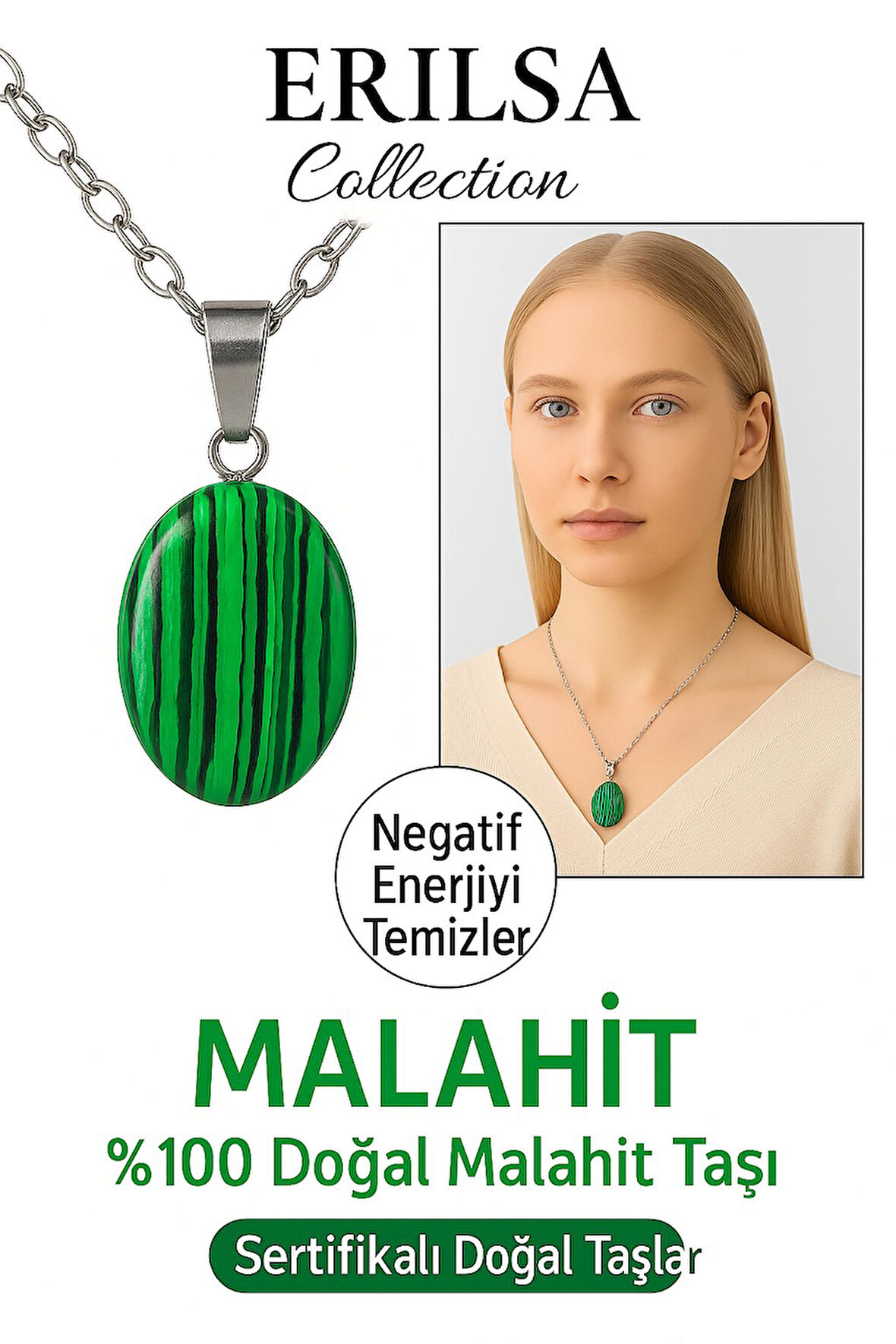 Sertifikalı Malahit Taşı Doğal Taşı Kolye Gümüş Aparat Ağrıları Hafiflet ve Negatif Enerjiyi Yok Et