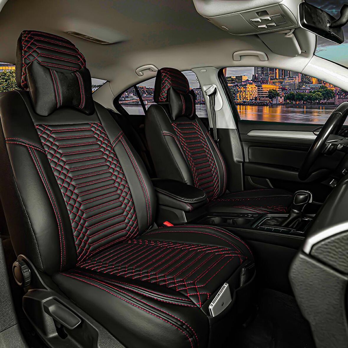 Volkswagen Caddy Yeni Lüx Deri Oto Koltuk Kılıfı Ön Arka Takım Exclusıve Model Siyah Kırmızı 2+1