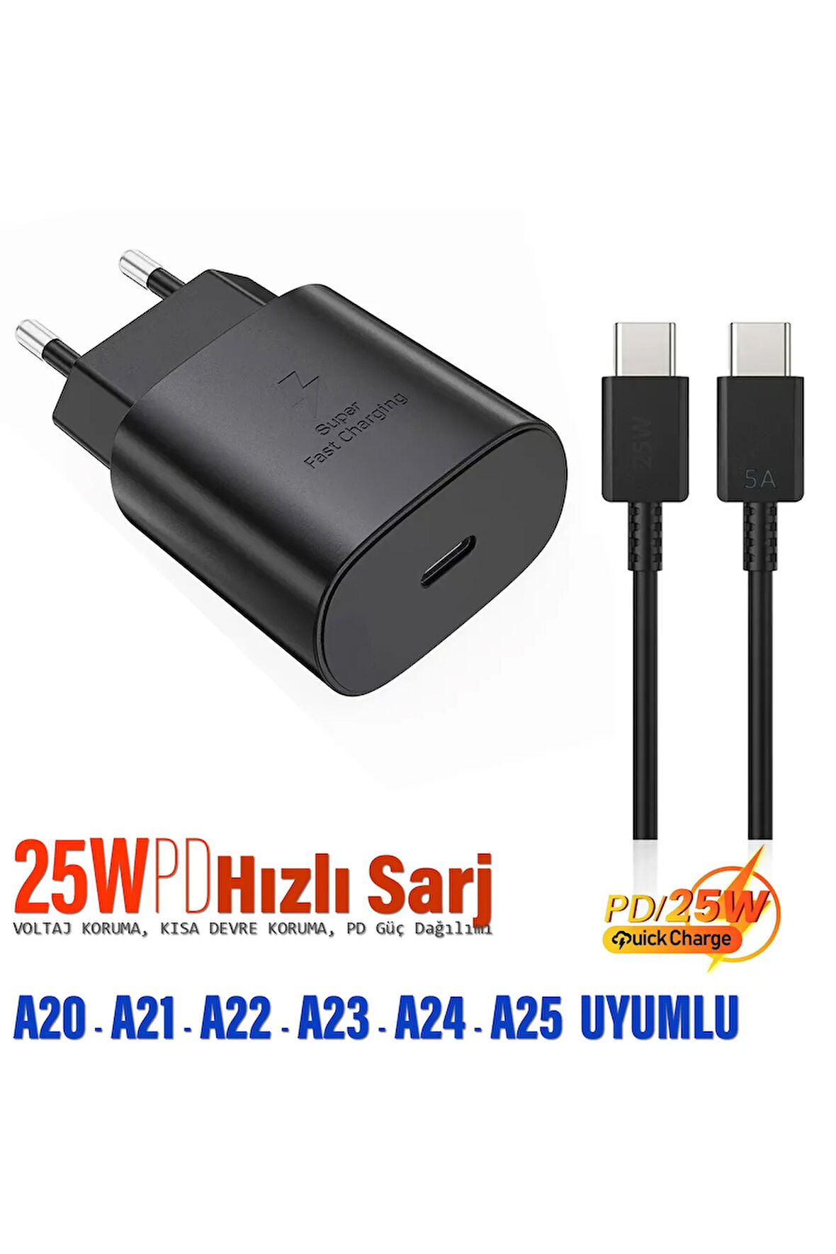 Samsung A23 Uyumlu Şarj Aleti 25W HIZLI Type-C 25w Hızlı Şarj Kablosu