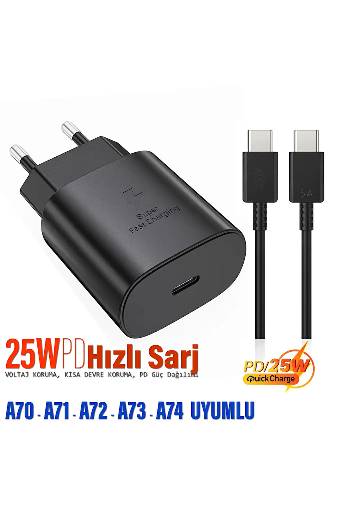 Samsung Galaxy A71 Uyumlu HIZLI Şarj Aleti - 25W HIZLI Type-C 5A Hızlı Şarj Kablo