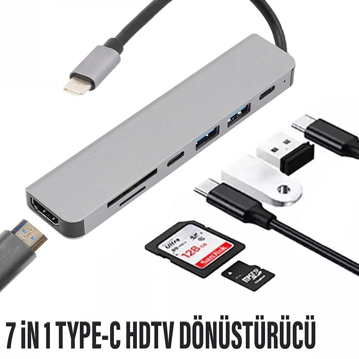  7in1 Type-C HDMI Çevirici Hub Çoklayıcı Tablet-PC-Telefon-TV Adaptör HDMI 4K/USB/TF/SD/TYPEC Giriş
