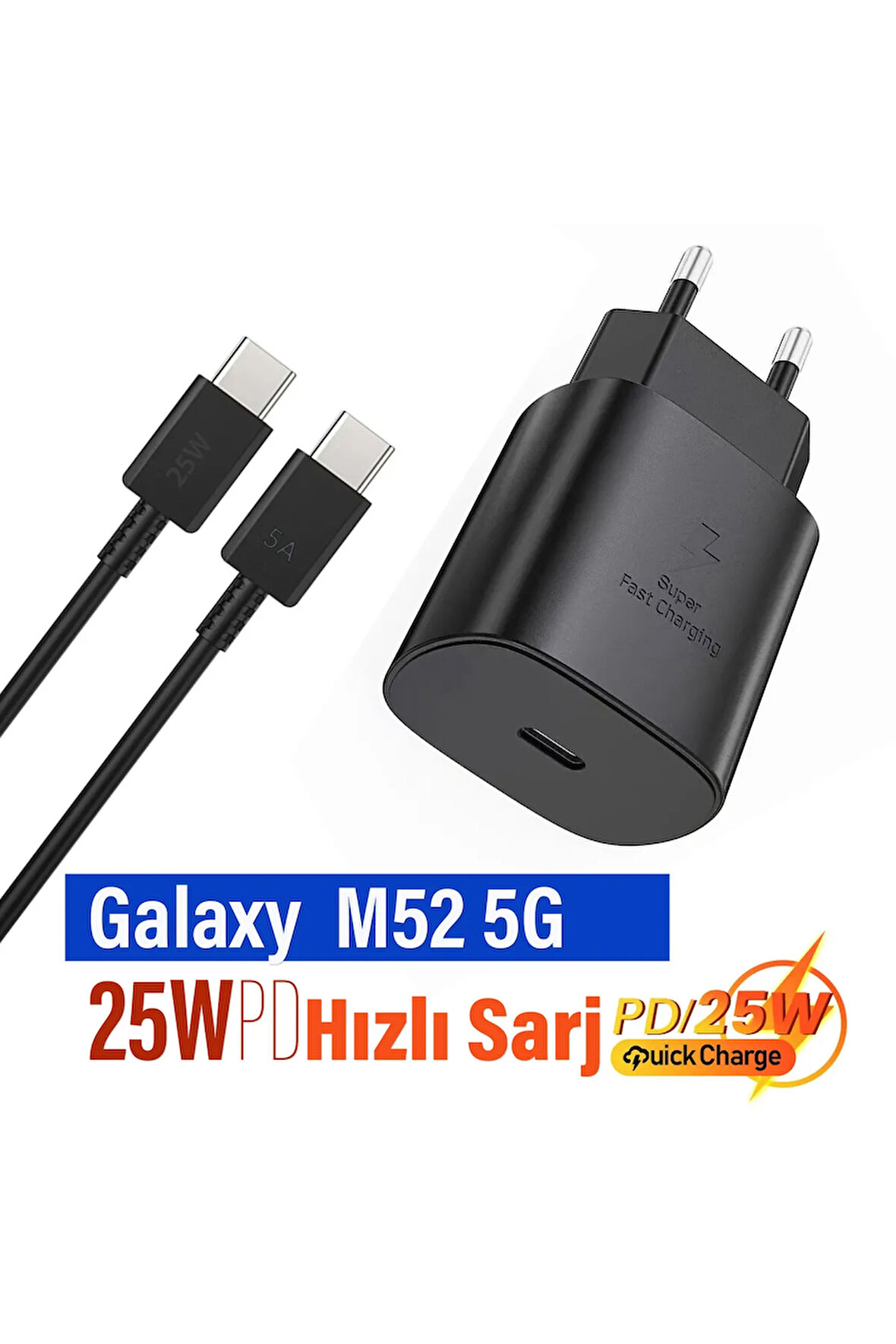 Samsung Galaxy M52 5G Uyumlu Hızlı Şarj Cihazı Type-C 25W PD 5A Kablo ve Adaptör