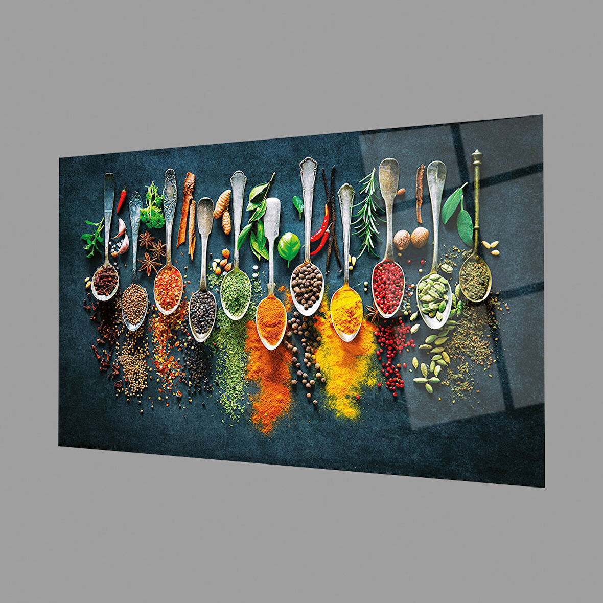 Baharatlar 4mm Dayanıklı Cam Tablo Temperli Cam, Spices Glass Wall Decor