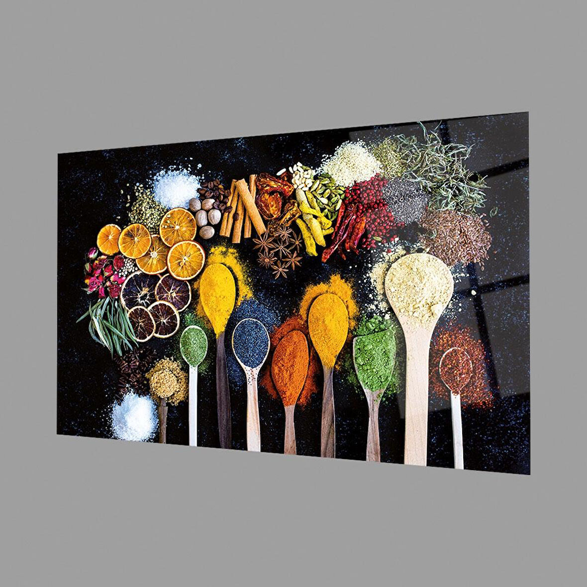 Kaşıklarda Baharatlar Cam Tablo 4mm Dayanıklı Temperli Cam, Fruits on Spoon Glass Wall Decor