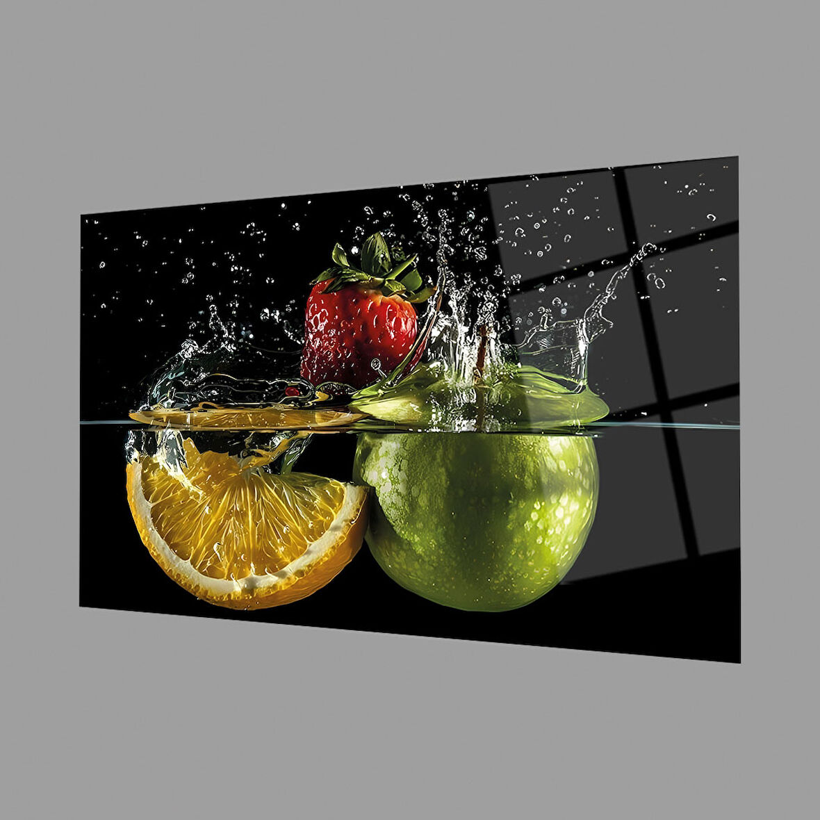 Meyvelerin Dansı Mutfak Cam Tablo 4mm Dayanıklı Temperli Cam, Fruits on Spoon Glass Wall Decor