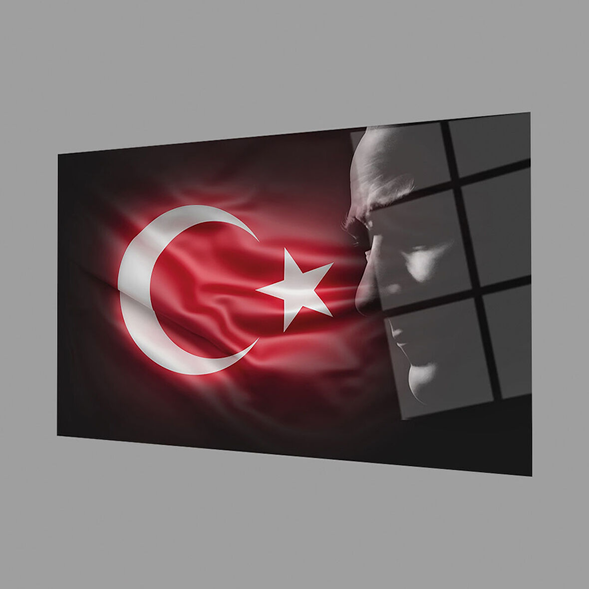 Atatürk Bayrak Atatürk Silüetli Gölgesiz Siyah Fonlu Cam Tablo 4mm Dayanıklı Temperli Cam Atatürk Flag Atatürk Silhouette Shadowless Black Background Glass Wall Art