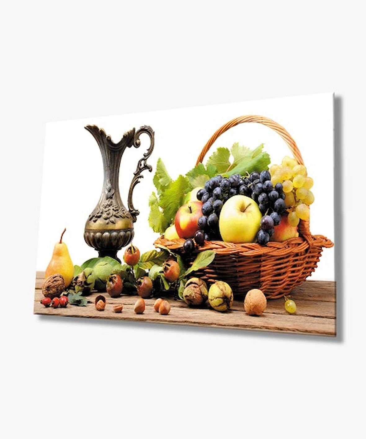 Sepette Meyveler Natürmort Mutfak Cam Tablo 4mm Dayanıklı Temperli Cam Fruits in a Basket Still Life Kitchen Glass Wall Art