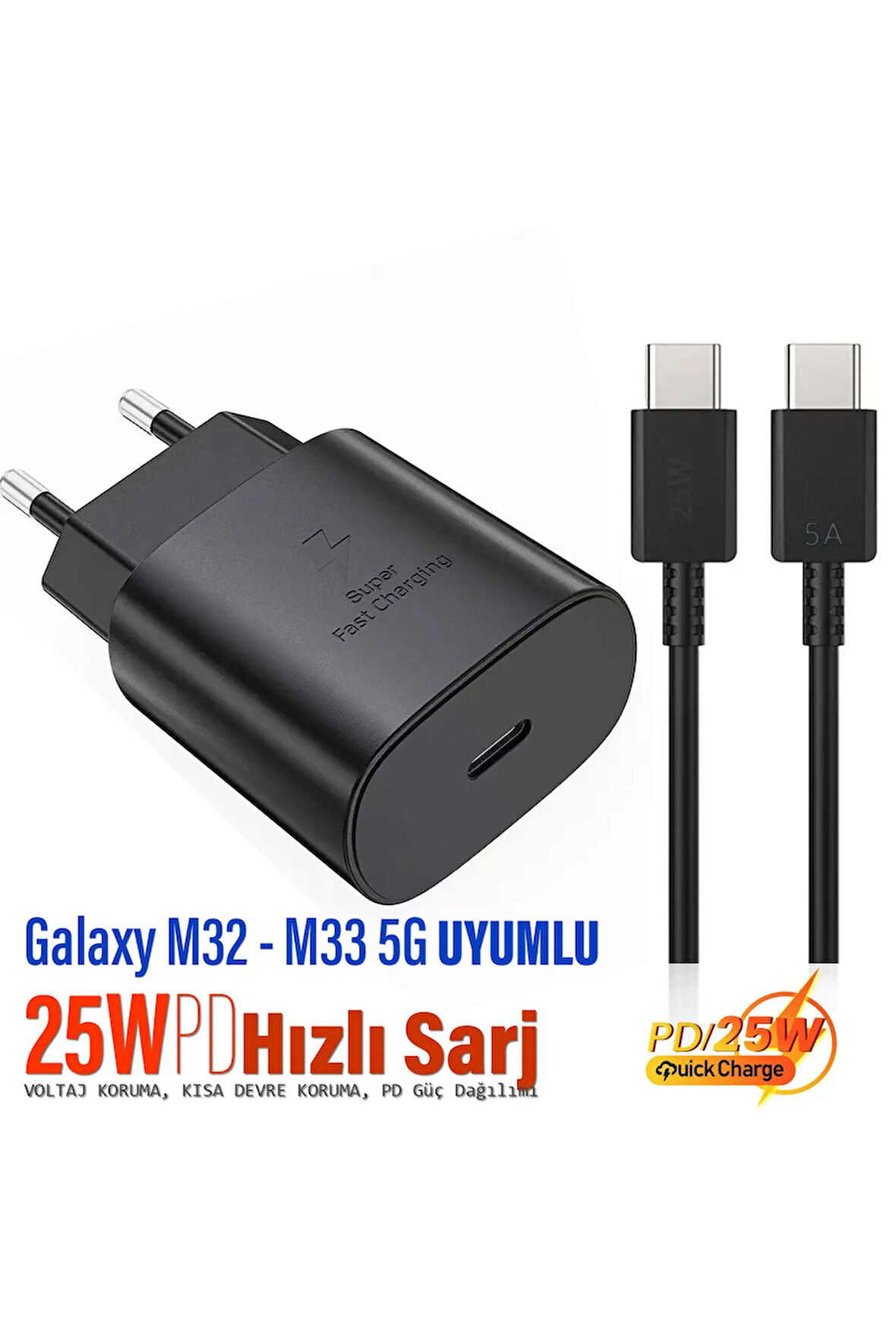 Samsung Galaxy M32 - Galaxy M33 5G Uyumlu Şarj Aleti 25W HIZLI  ve 5A Şarj Kablosu