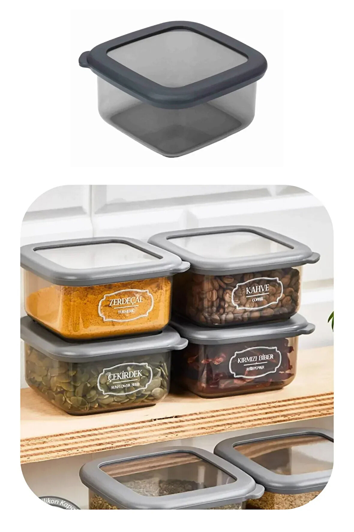 400 ml Gri Kare Saklama Kabı Silikon Kapak Hava Geçirmez Kuru Baklagil Kahve Bakliyat Makarna Kutu