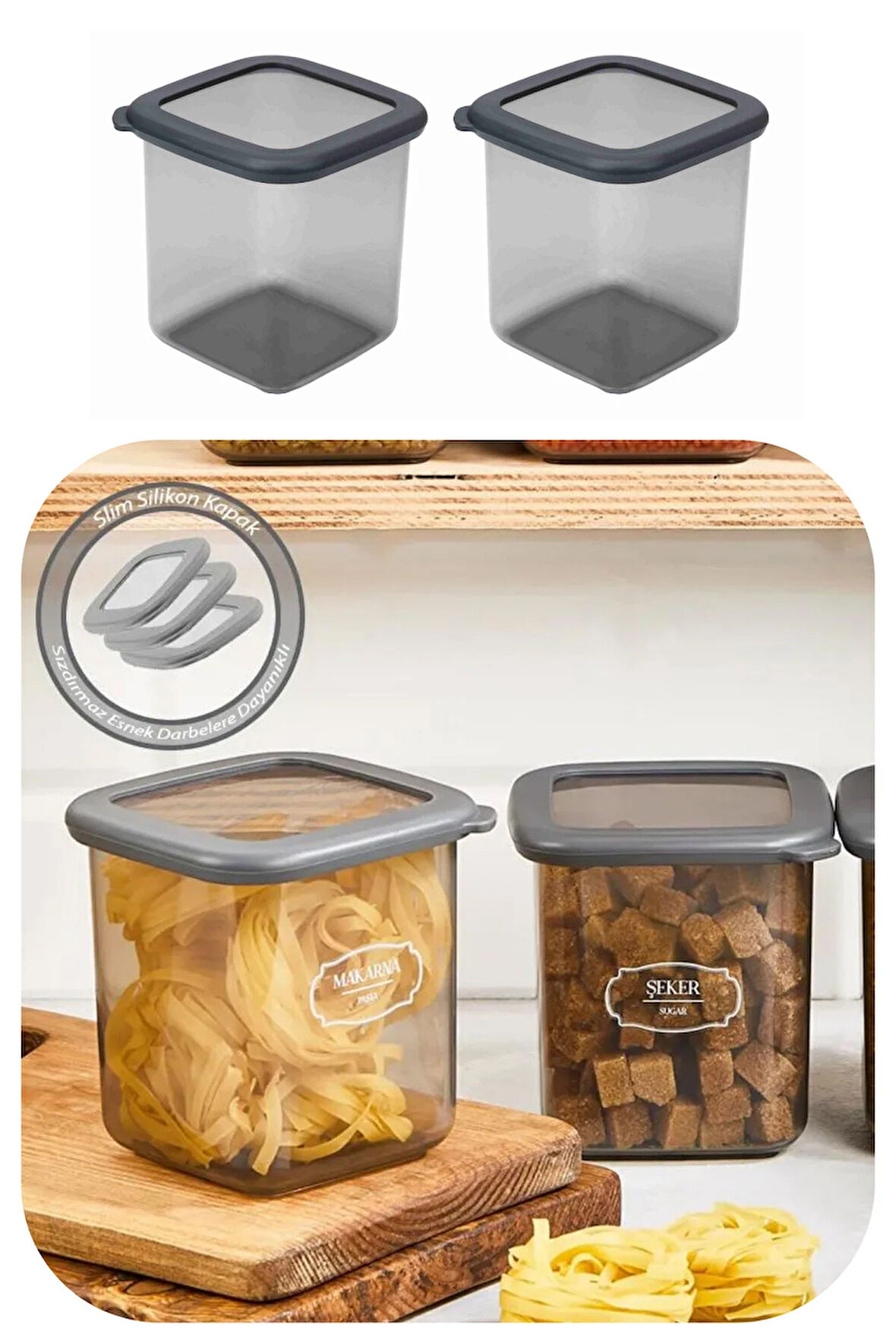 800 ml Gri Kare Saklama Kabı Silikon Kapak