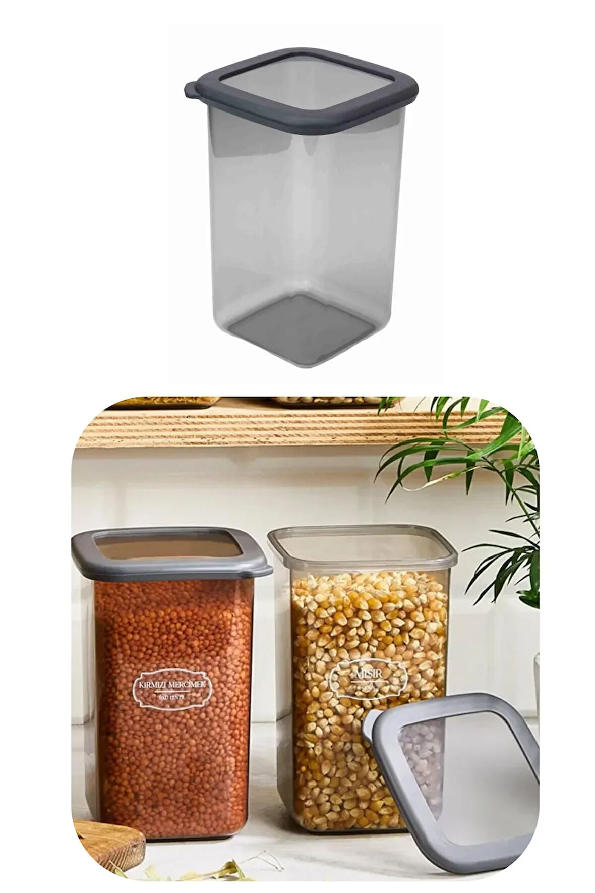 1200 ml Gri Kare Saklama Kabı Silikon Kapak Hava Geçirmez Kuru Baklagil Kahve Bakliyat Makarna Kutu