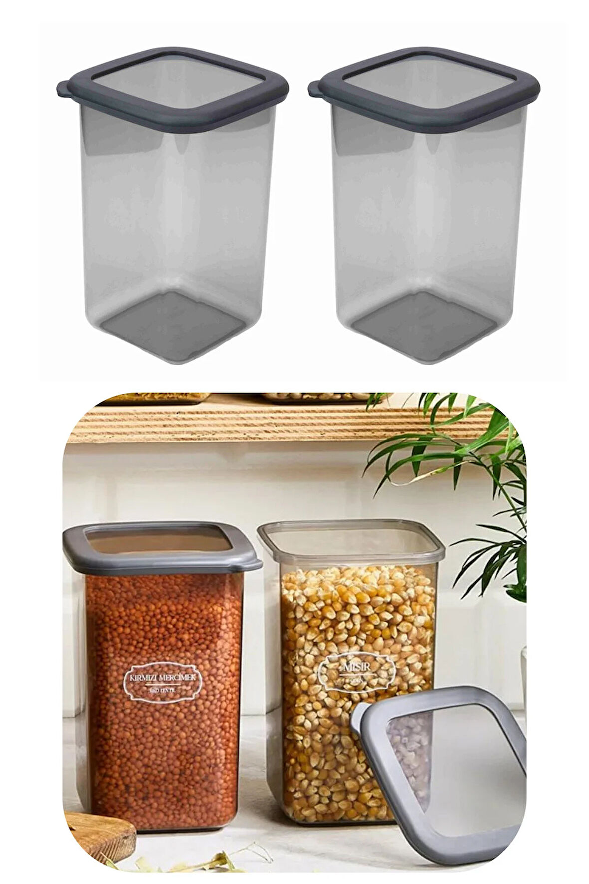 1200 ml Gri Kare Saklama Kabı Silikon Kapak Hava Geçirmez Kuru Baklagil Kahve Bakliyat Makarna Kutu