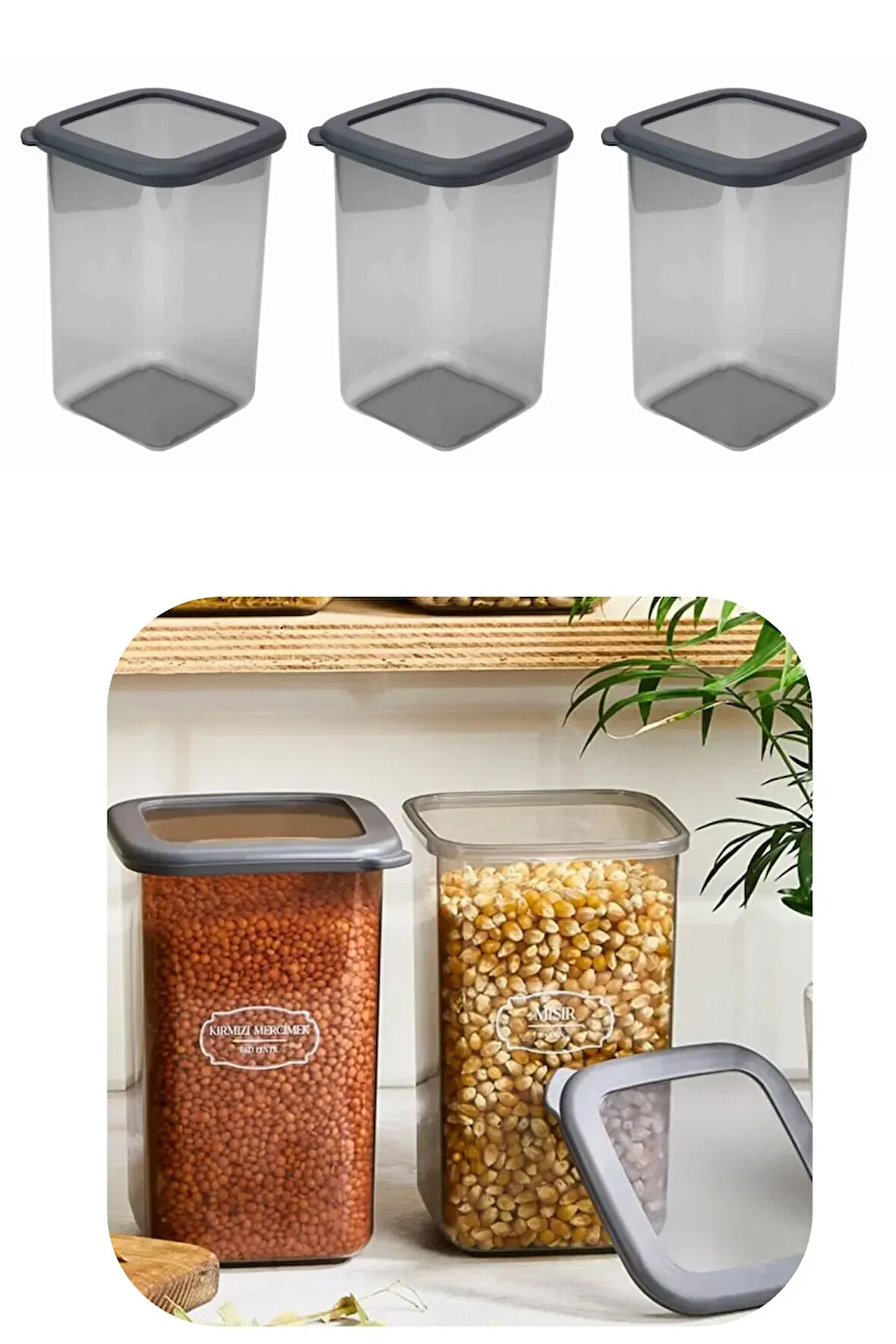 1200 ml Gri Kare Saklama Kabı Silikon Kapak Hava Geçirmez Kuru Baklagil Kahve Bakliyat Makarna Kutu
