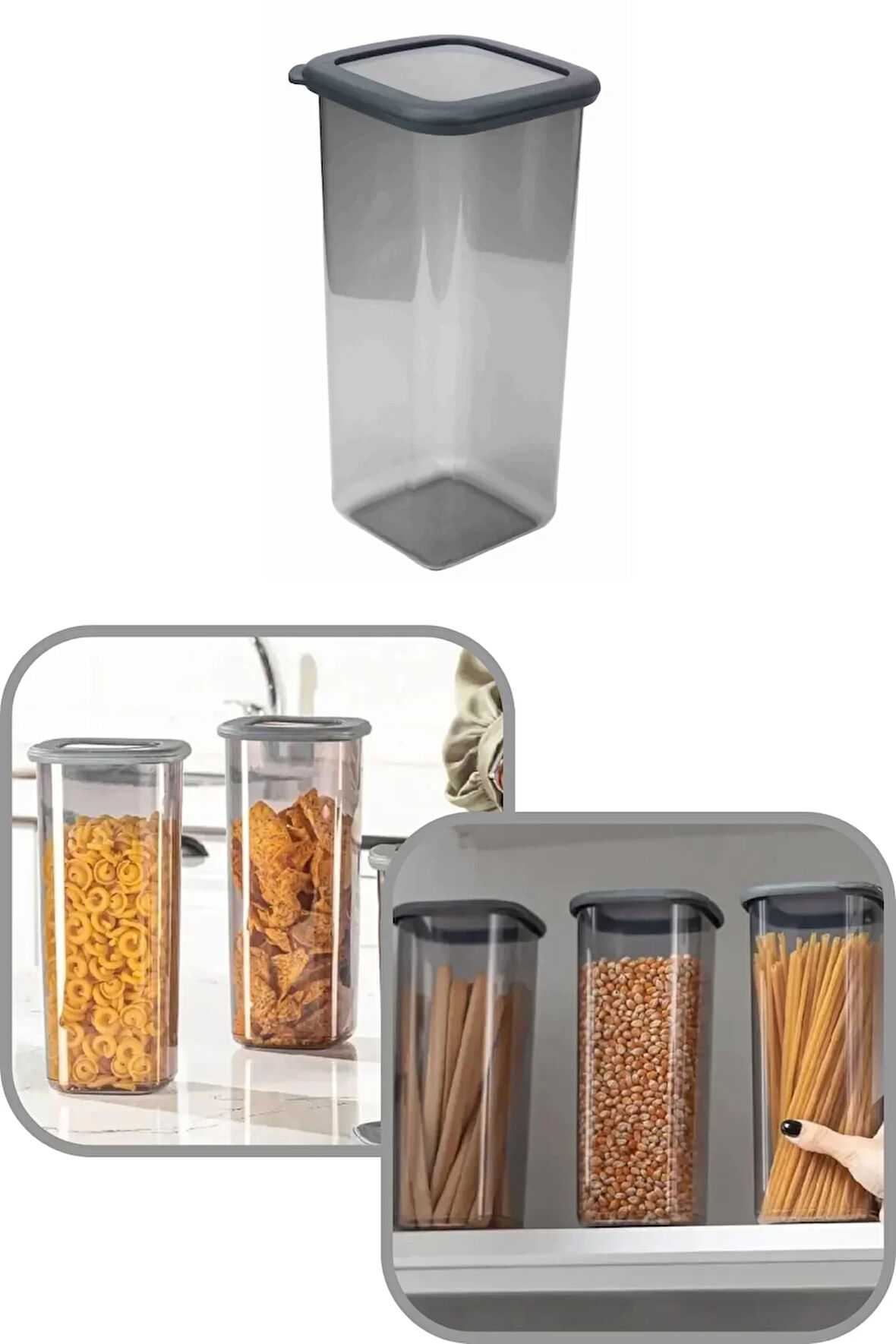 1600 ml Gri Kare Saklama Kabı Silikon Kapak Hava Geçirmez Kuru Baklagil Kahve Bakliyat Makarna Kutu